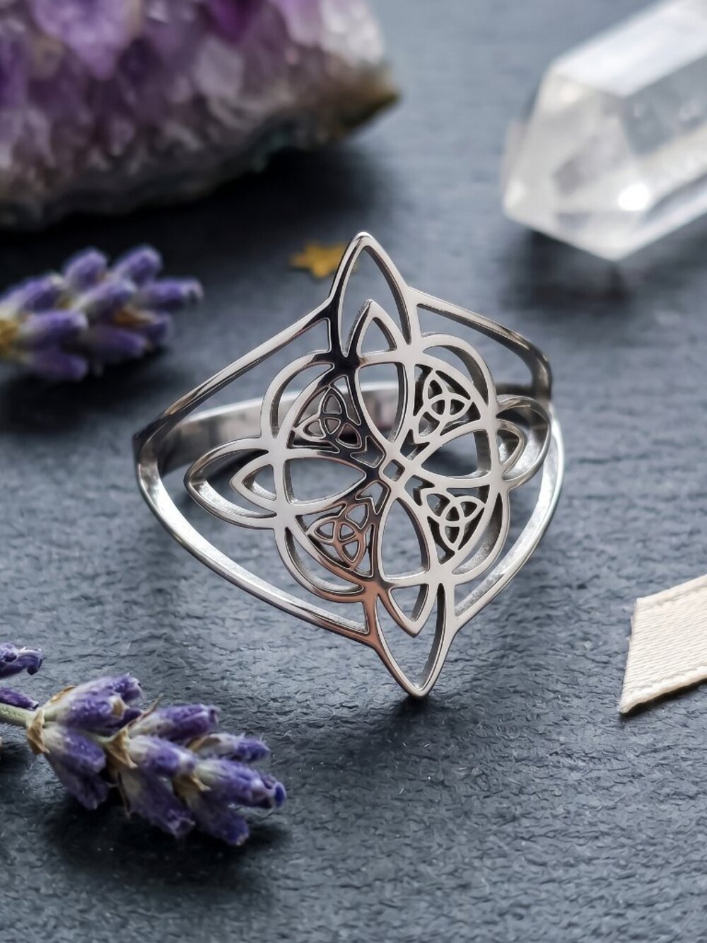 Silver Witches Knot Ring Stainless Steel Celtic Knot Witchy Statement Size 8